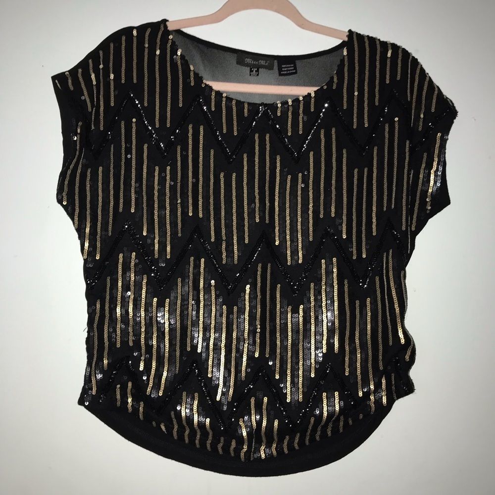 Miss Me Black Gold Sequin Sheer Back Top Small S - Picture 2 of 11
